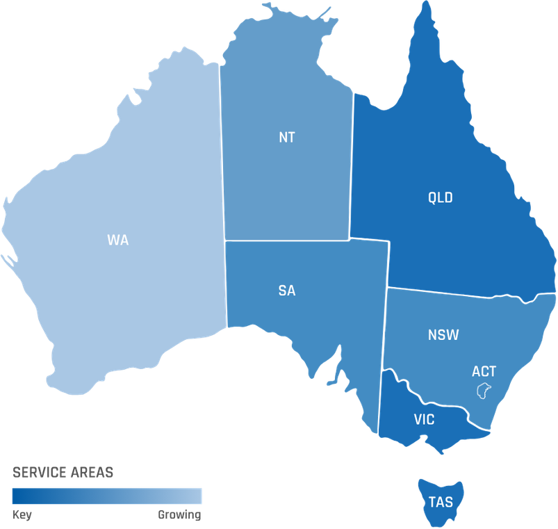 Map of Australia showing AAH key and growing service areas